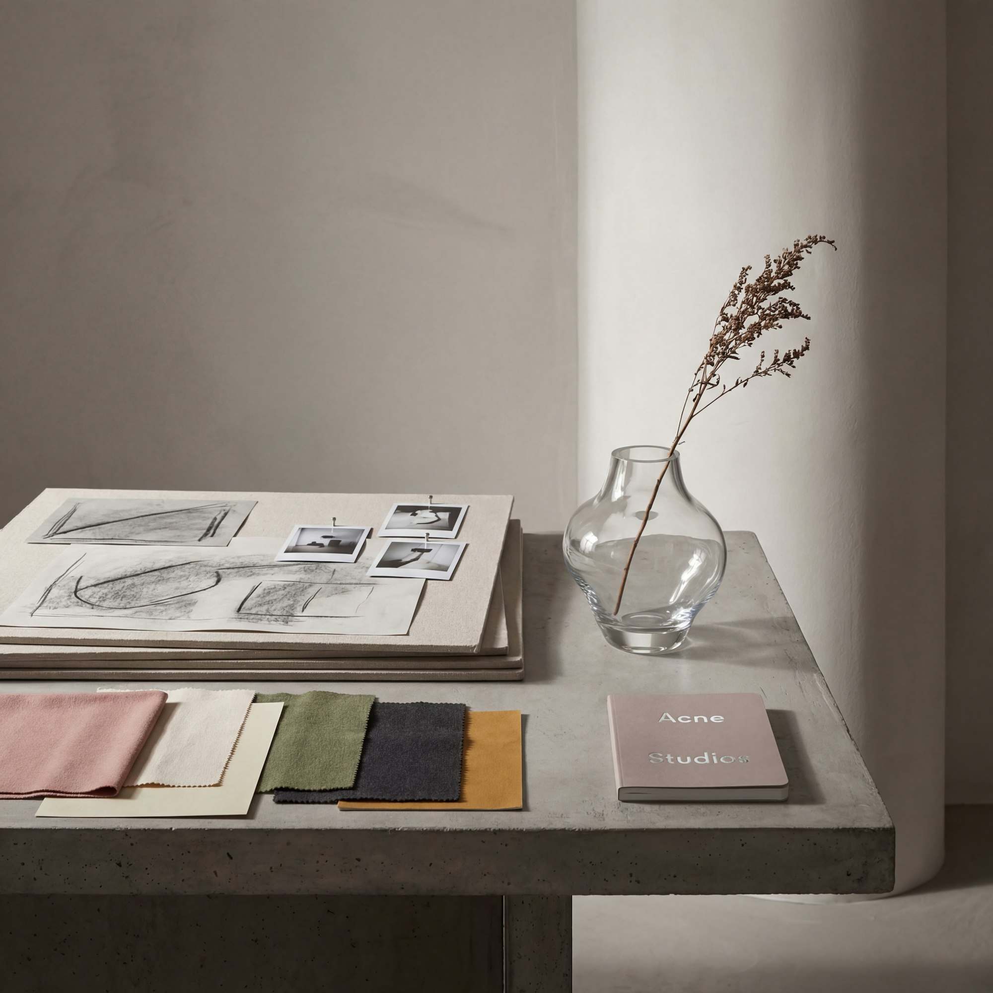 Design sketches and fabric swatches on a table
